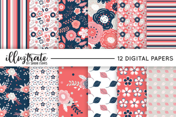 Navy and Coral Seamless Vector Patterns