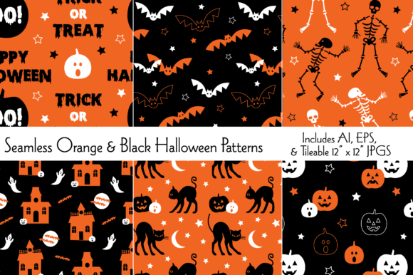 Seamless Orange Black Halloween Patterns for Creative Designers